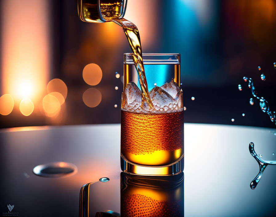 Clear glass with ice cubes and amber liquid on reflective surface, bokeh lights in background.