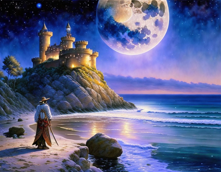 Majestic castle on cliffs under starry sky with moonlit figure