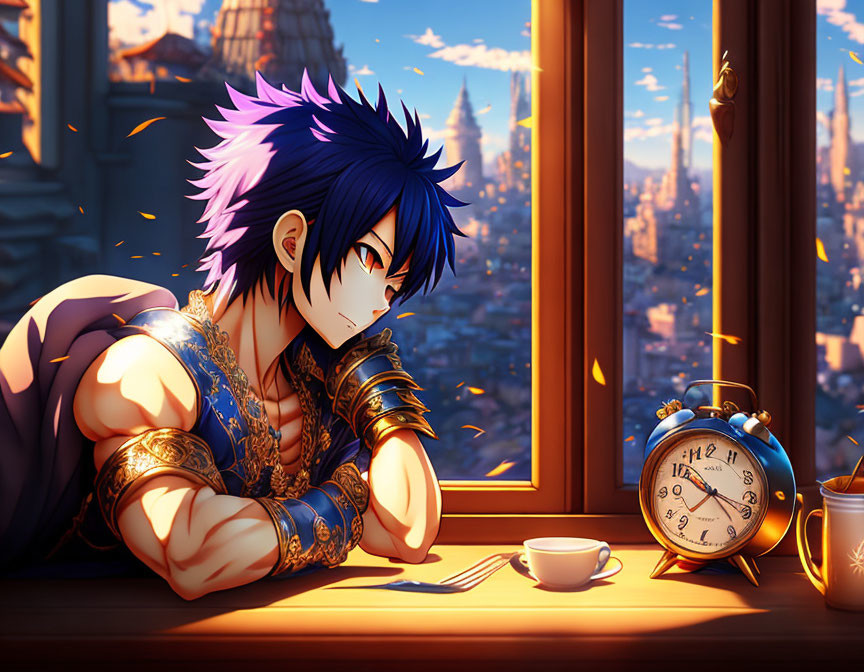 Animated character with pink and blue hair sitting by a window at dusk with tea and clock at 11