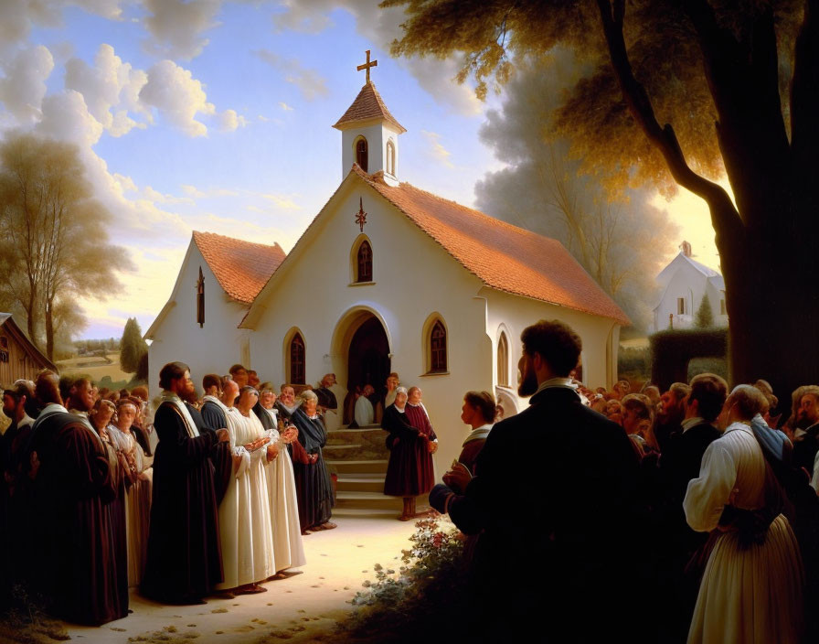 Historical attire gathering outside small white church with steeple