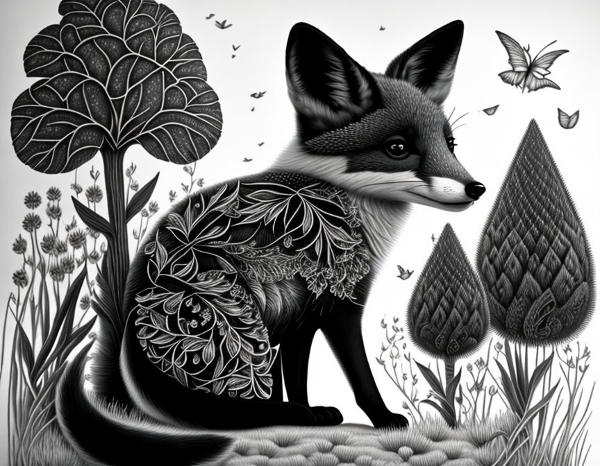 Monochrome illustration of fox with floral patterns, surrounded by plants, birds, and butterflies