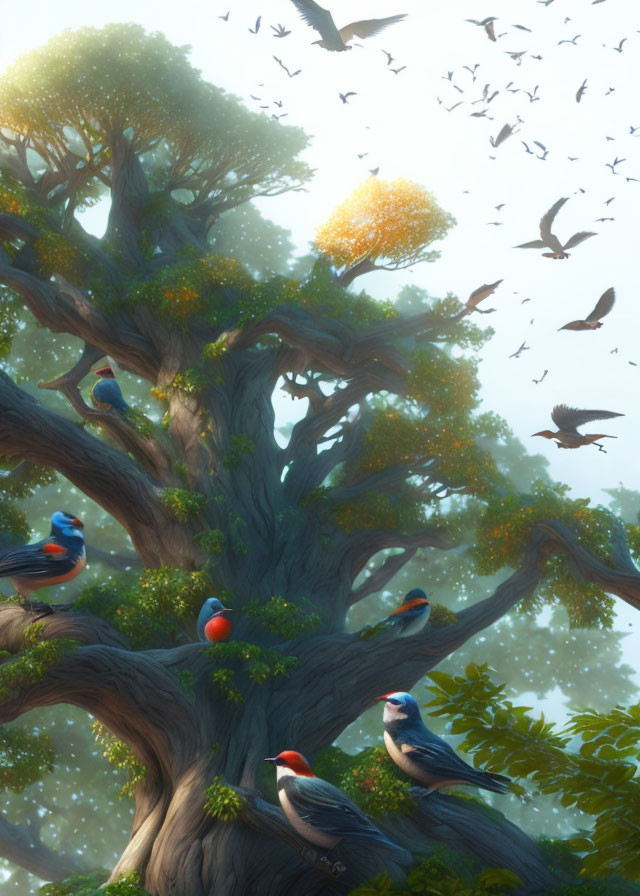 Colorful Birds Perched on Majestic Tree in Serene Digital Artwork