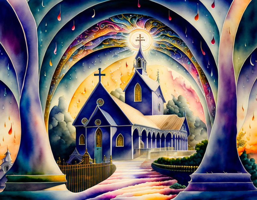 Illustration of glowing cross in surreal church scene