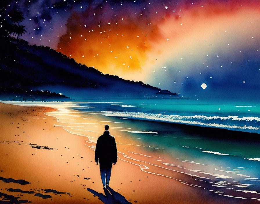 Lonely figure strolling on beach at night under starry sky and bright moon.