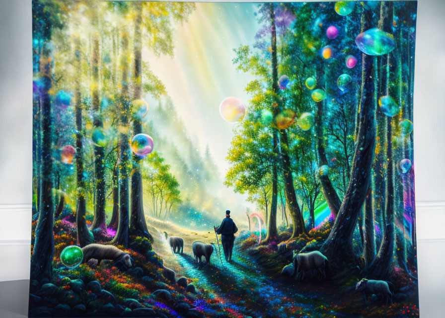 Colorful painting of shepherd with sheep in mystical forest with bubbles and sunlight rays