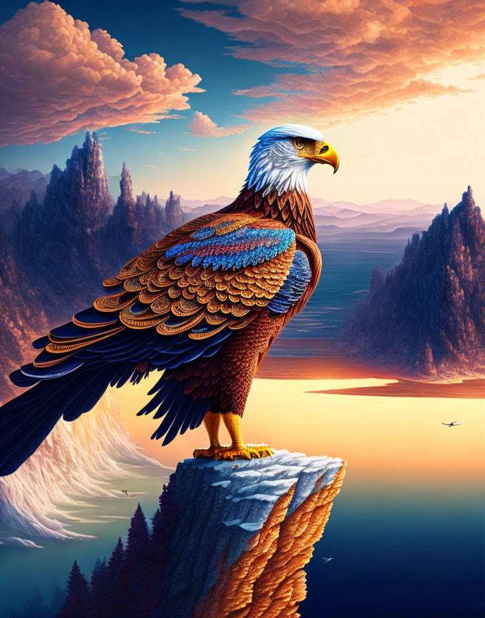 Digitally-enhanced eagle on cliff with colorful wings in surreal landscape