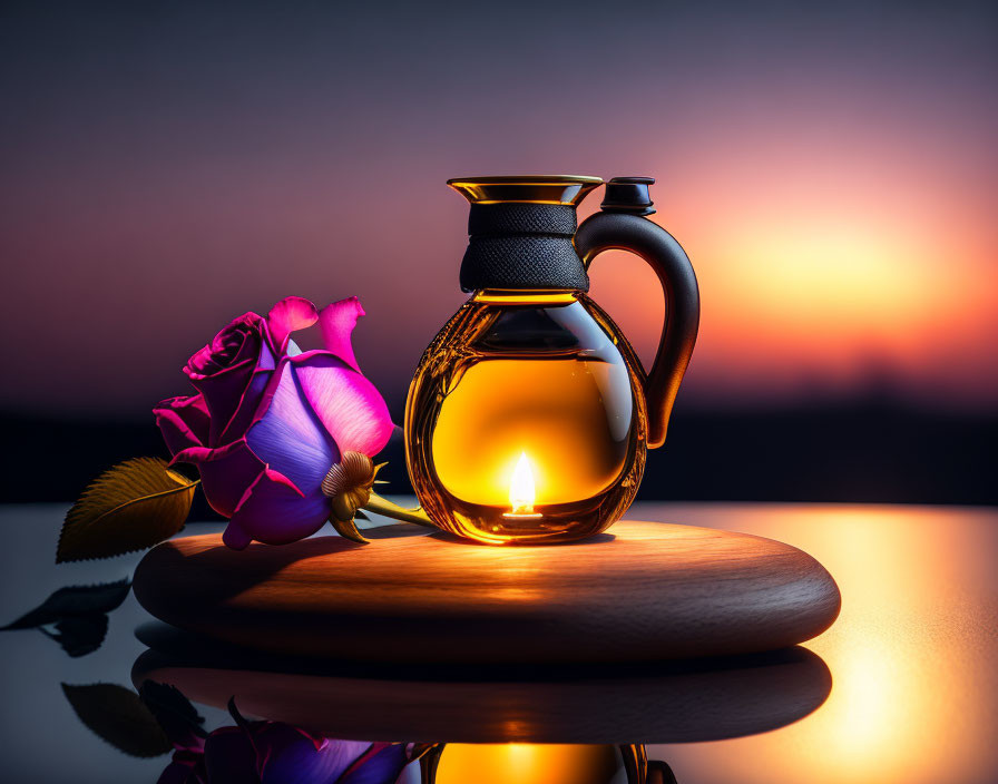 Transparent Pitcher with Golden Liquid and Pink Rose in Candlelight Against Sunset Sky