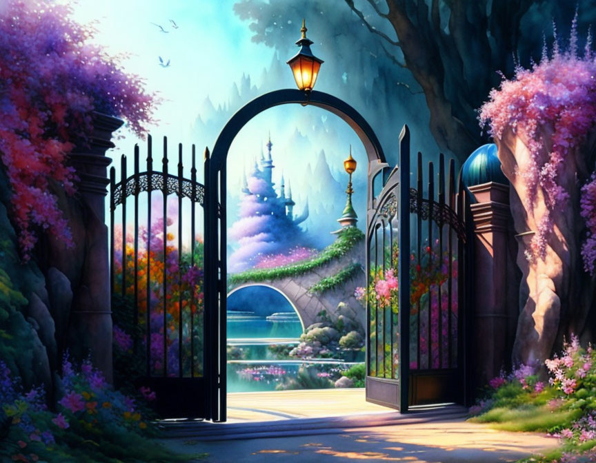 Ornate Gate to Magical Castle in Lush Garden