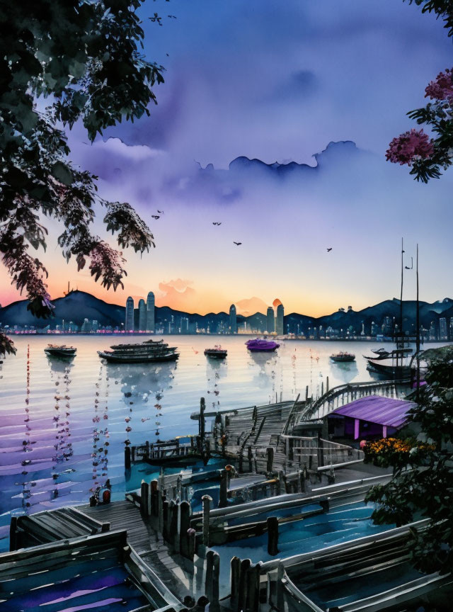 Tranquil dusk waterscape with boats, city skyline, hills, flowers, and birds.