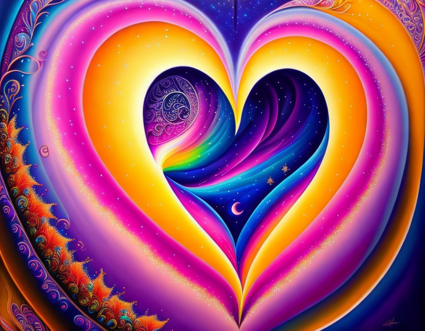 Colorful cosmic heart with stars, crescent moon, and fractal patterns