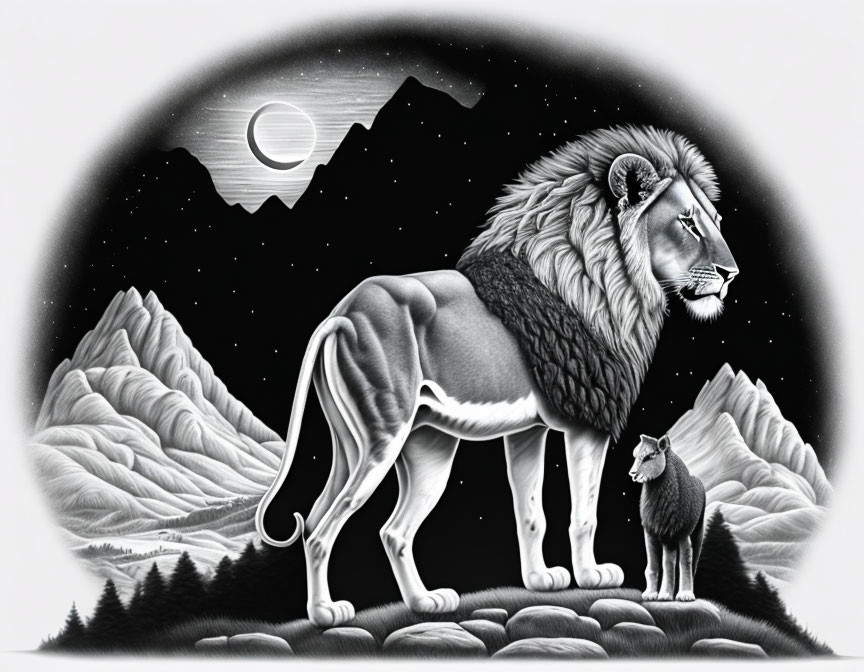 Monochrome illustration of lion and lamb in mountain landscape