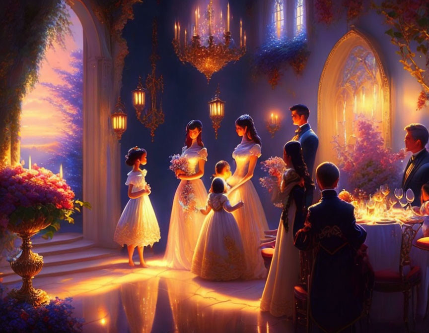 Formal indoor gathering with banquet table, flowers, and chandeliers at sunset