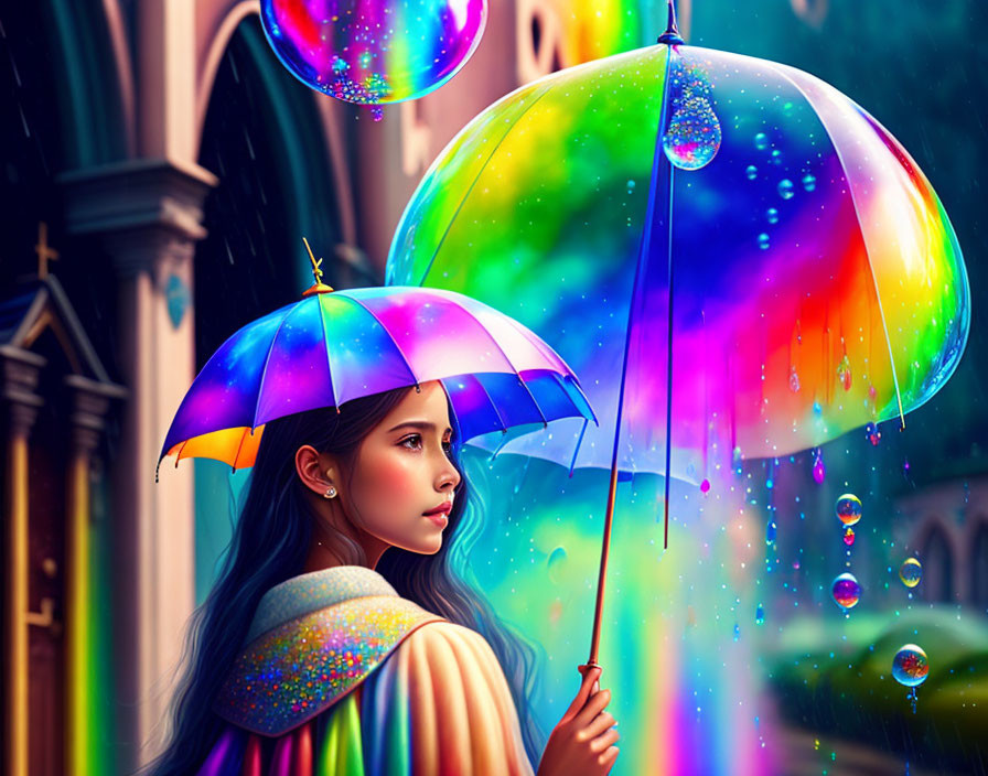 Colorful Umbrella Woman in Raindrops Amidst Gothic Architecture