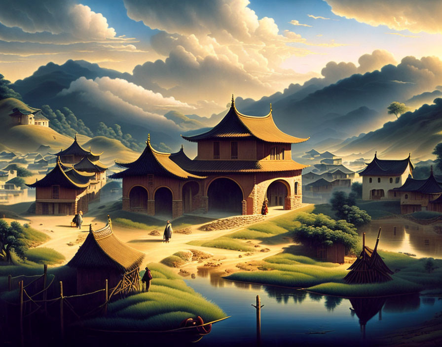 Traditional Asian architecture in tranquil village surrounded by lush hills, reflective water, and cloud-filled sky at dusk