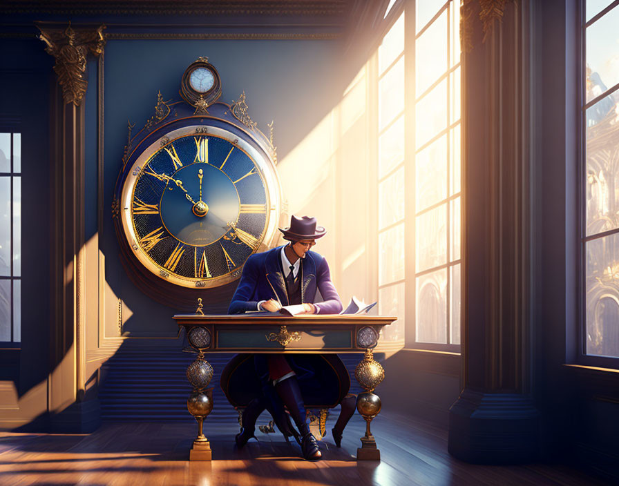 Blue-suited animated character writing in elegant room with golden clock