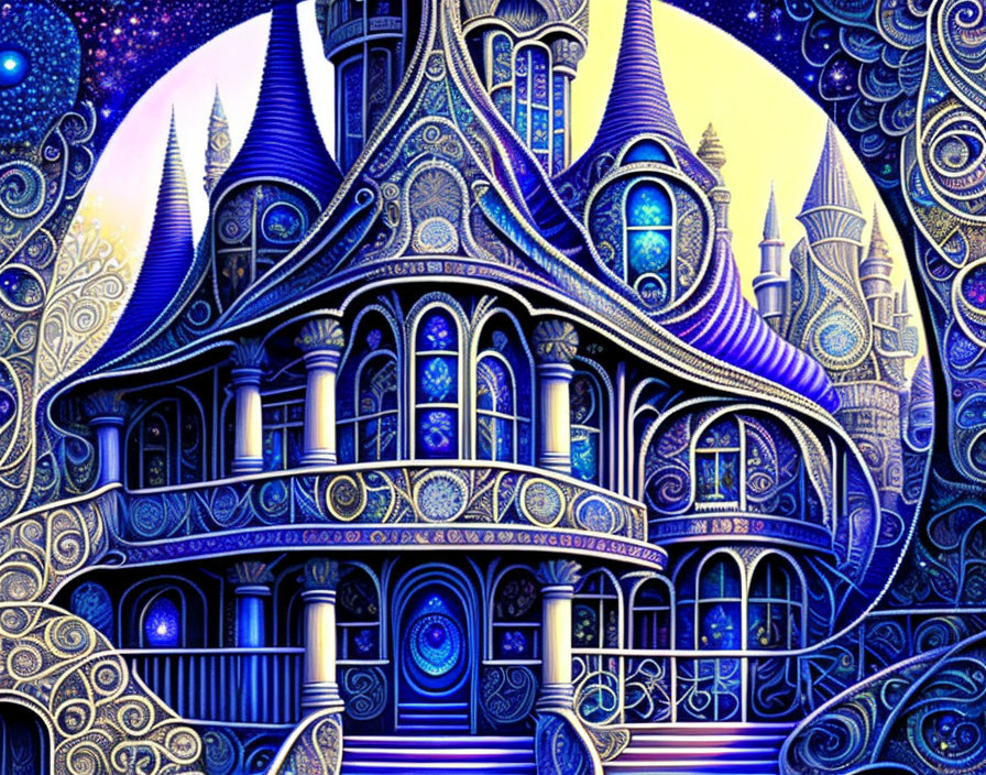 Colorful illustration of whimsical house with intricate patterns and towers on starry sky.