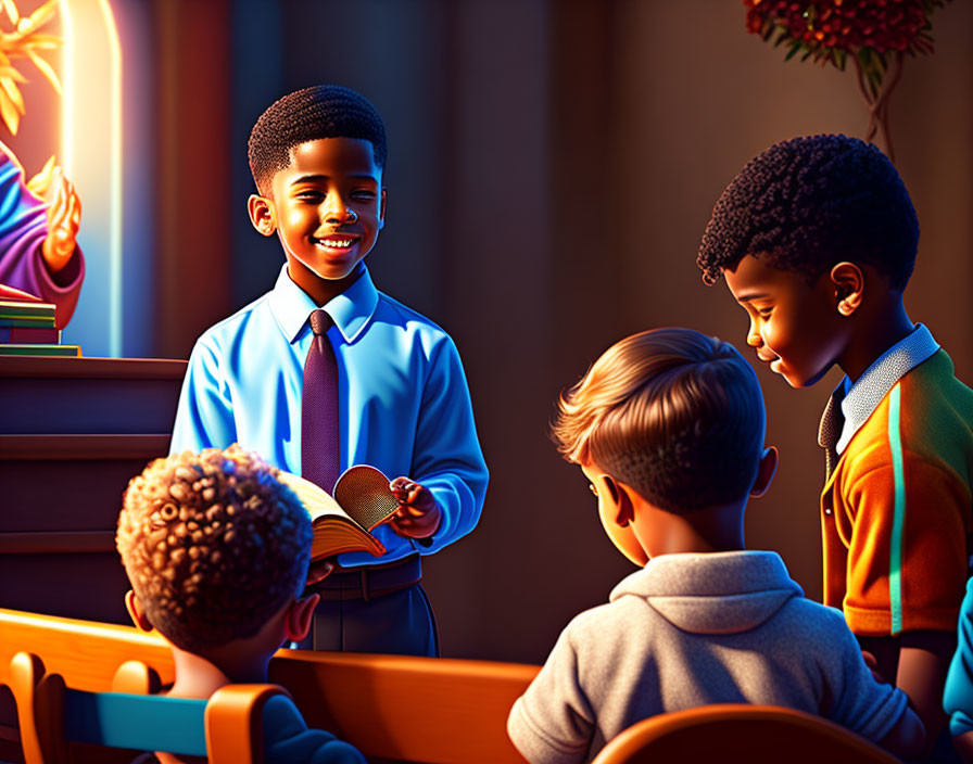 Group of boys reading book by fireplace in warmly lit room