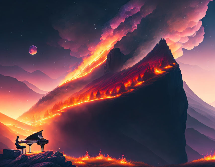 Digital Artwork: Piano on Cliff Over Lava with Purple Sky