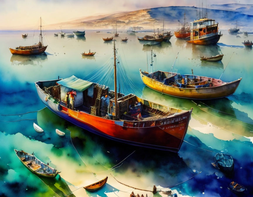 Vibrant fishing boats on calm waters under hazy sky