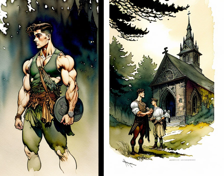 Fantasy-themed illustration with muscular man holding a sword