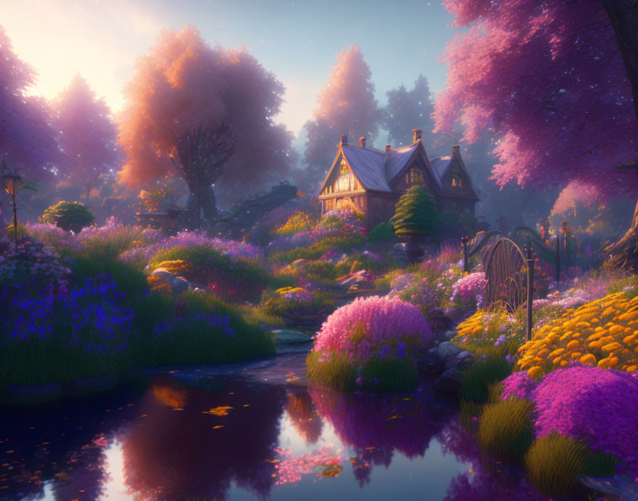 Tranquil fantasy landscape with cottage, stream, and lush flora