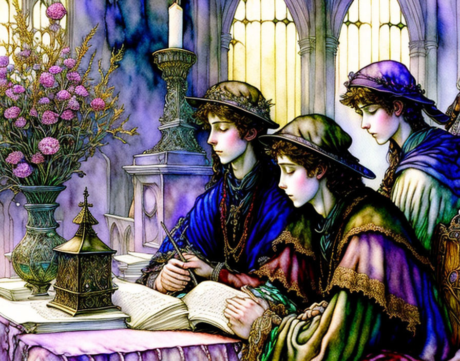 Medieval individuals reading and writing at a table with floral bouquet and stained glass windows