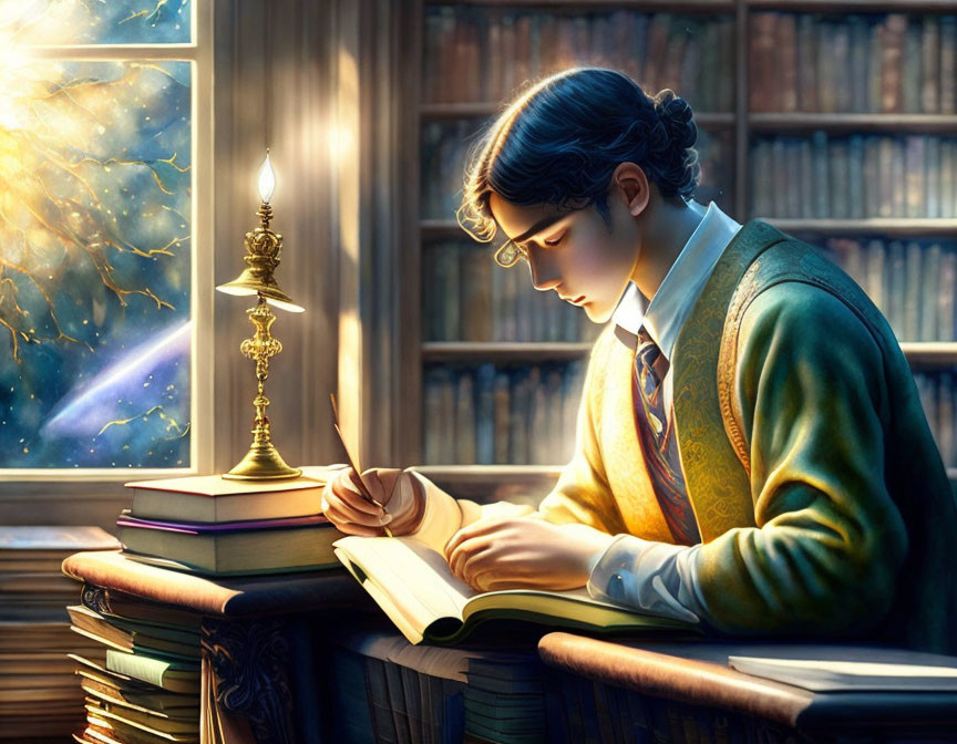 Young person reading book with glowing candle and magical window