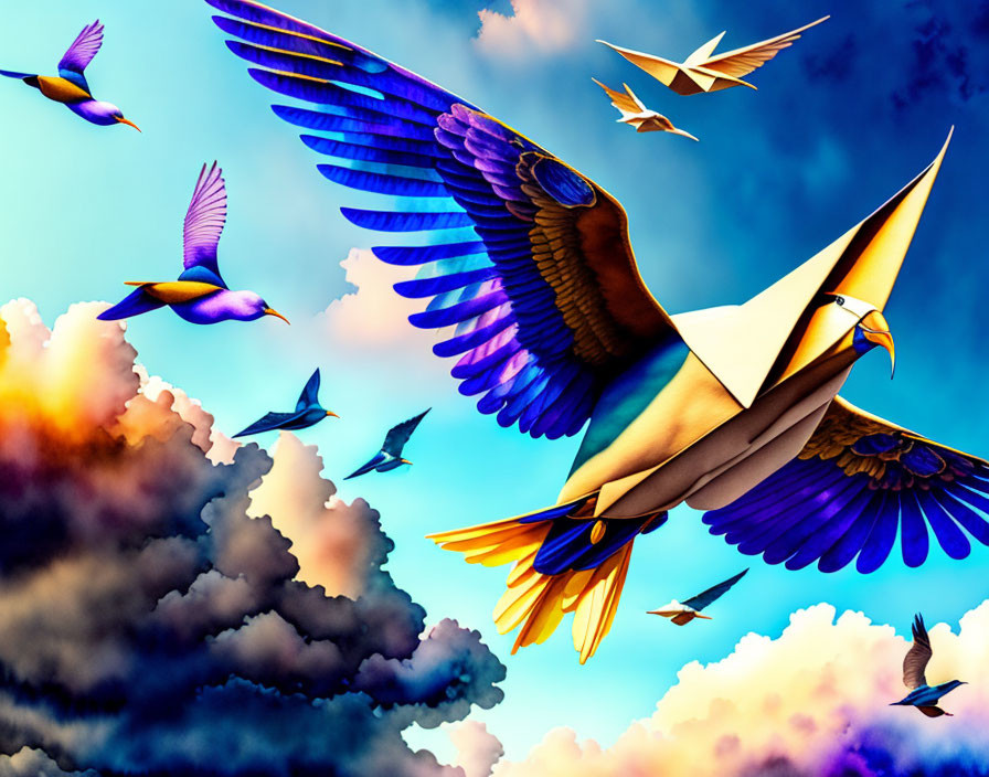 Colorful digital art: Large bird guides smaller birds in flight under dramatic sky