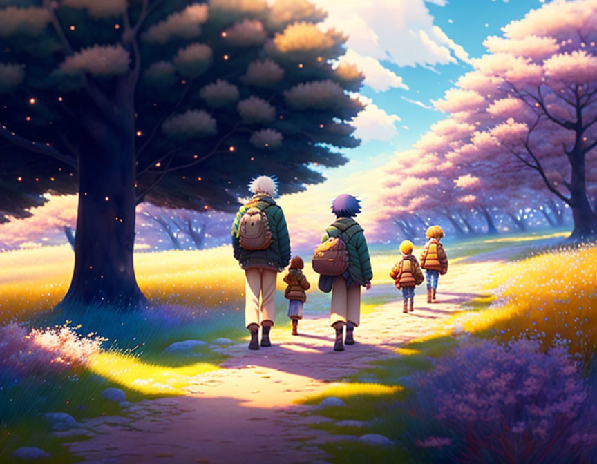 Four Individuals Walking Along Blossoming Tree-Lined Path at Sunset