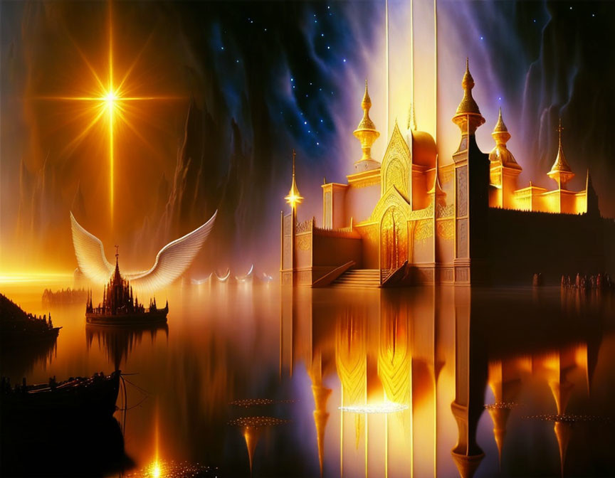 Golden palace with spires reflected on tranquil water under starry sky with celestial light and angelic figure