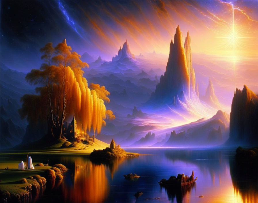 Tranquil fantasy landscape: mountains, lake, boat, glowing trees, sunset sky