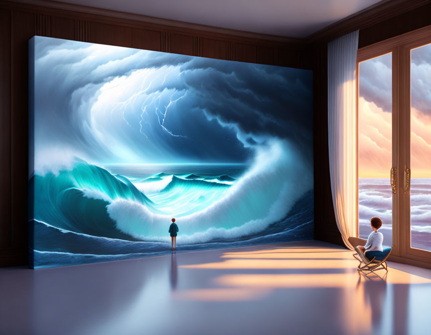 Person in white shirt gazes at hyper-realistic stormy ocean screen