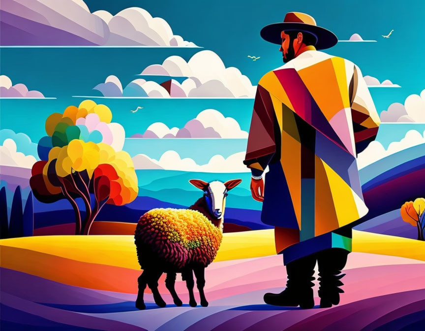 Colorful illustration: Person in poncho and hat with llama, hills, trees, clouds.