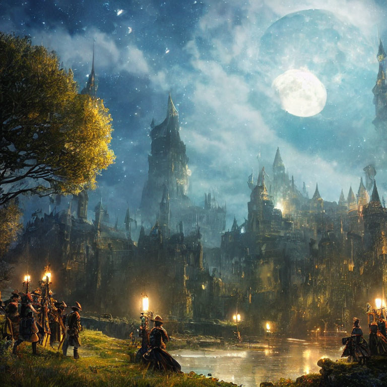 Medieval soldiers by river at night, enchanted castle under full moon