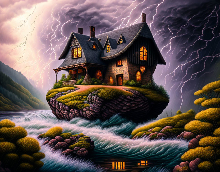 Illustration of cozy stone house on island during thunderstorm