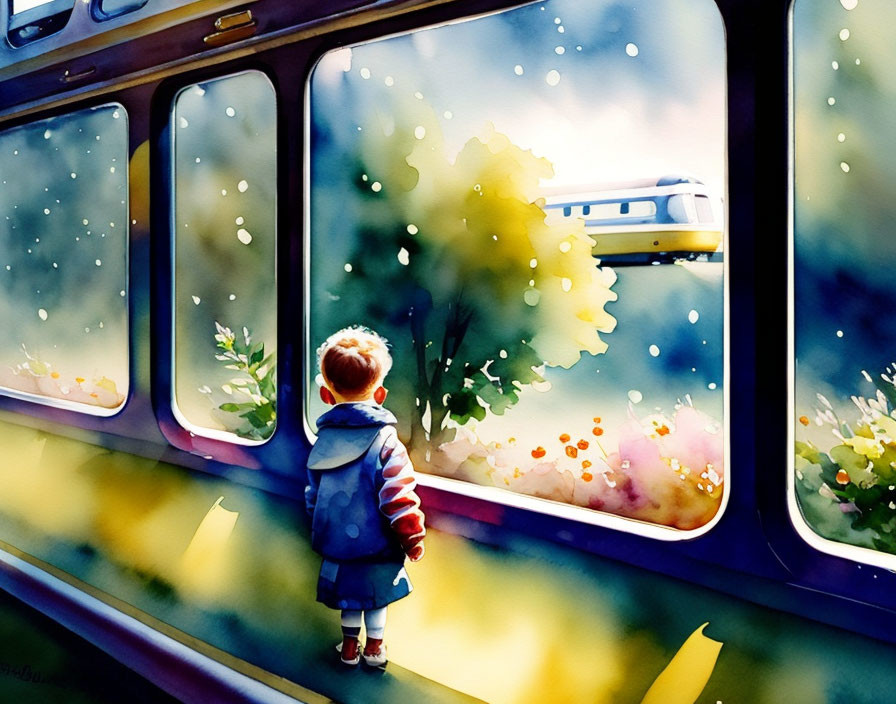 Child with backpack watching passing train in colorful watercolor landscape