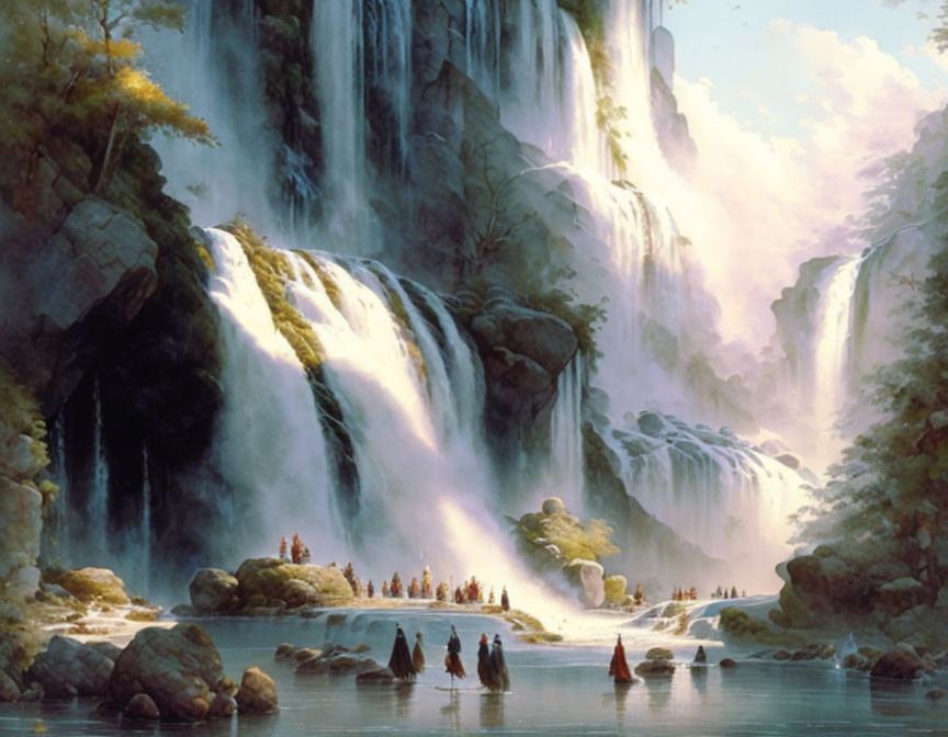 Majestic waterfall cascades into serene pool amid rocky terrain