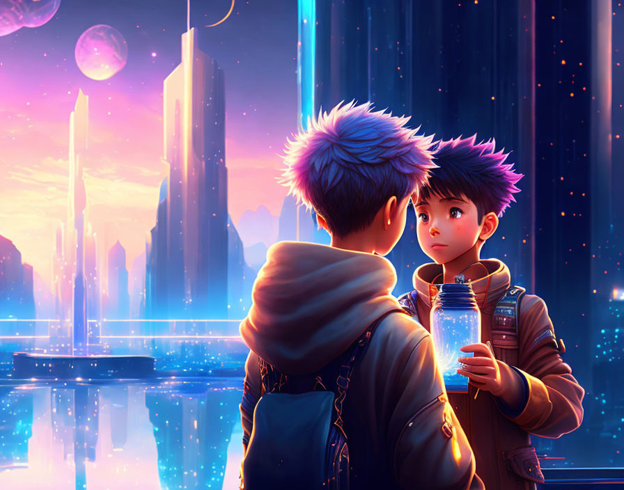 Futuristic cityscape with animated characters and glowing jar