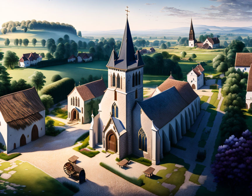 Digital illustration of a village with church, houses, trees, and carriage