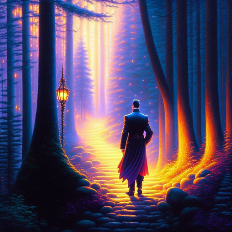 Enchanted forest scene with cloaked figure on cobblestone path