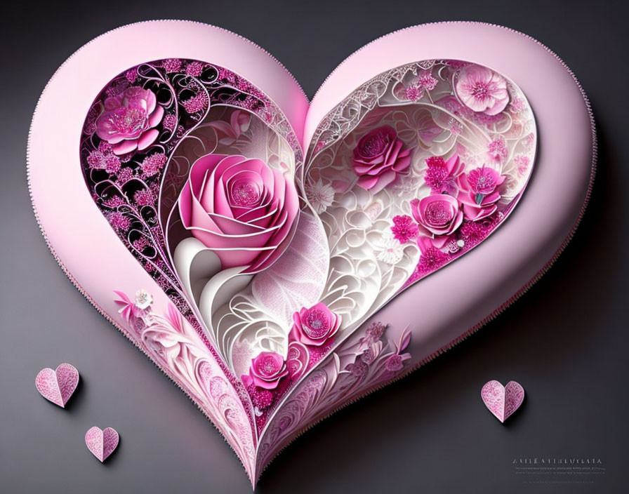 Digital Artwork: Ornate Heart with Pink and Silver Roses