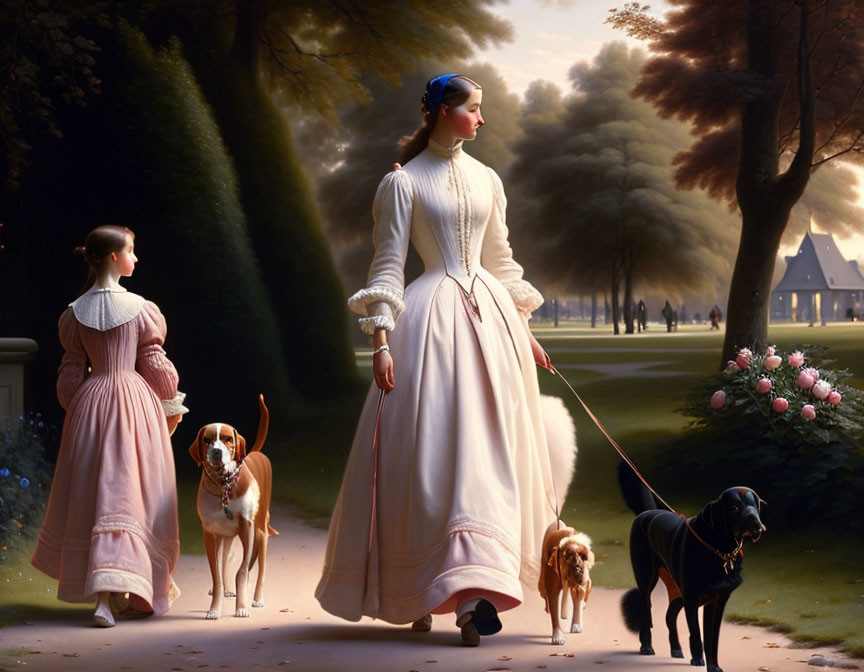 Two women in vintage dresses walking dogs in lush greenery.