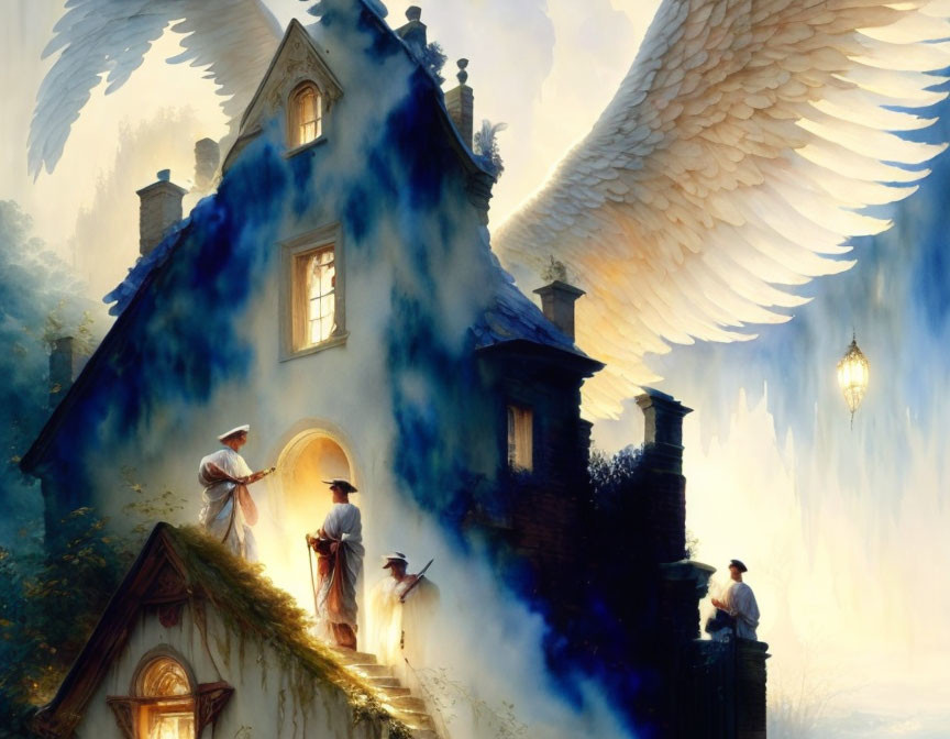 Enchanting house with angel wings in fog, people in period attire under lamp