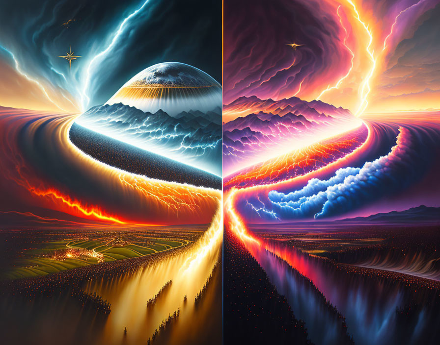 Split artwork: Cool mountains & village vs. warm fiery skies & lightning