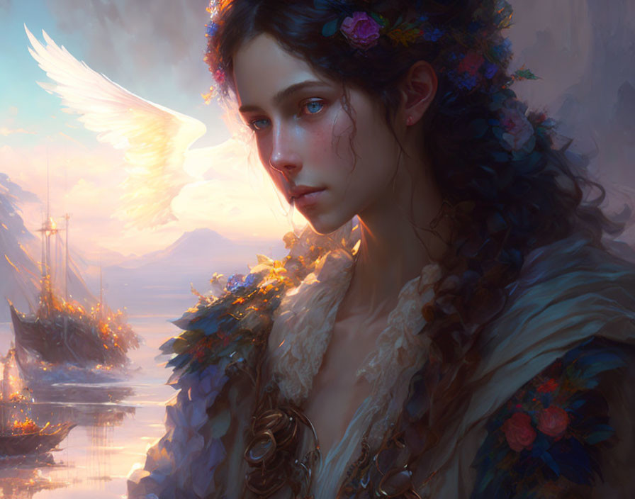 Fantasy portrait: Woman with flowers, glowing wing, and ships in seascape