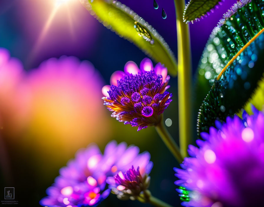 Vibrant purple flower with dew drops on blurred colorful background