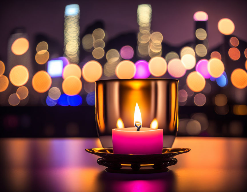 Candle in holder with cityscape and bokeh lights.