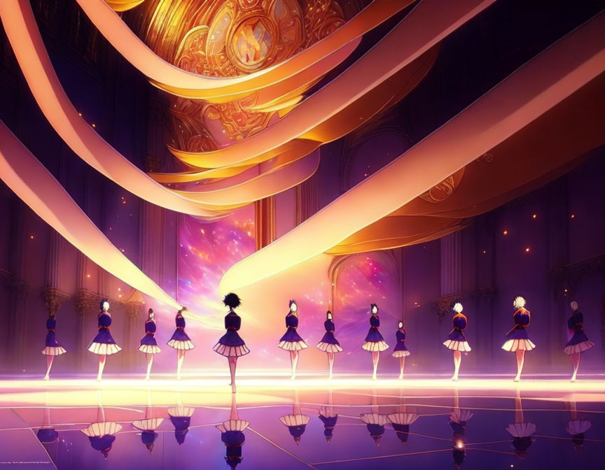 Ethereal ballerinas on stage with cosmic backdrop and golden spirals