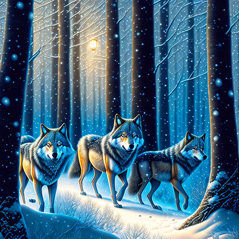 Three wolves in snowy forest under night sky with bright light and falling snowflakes