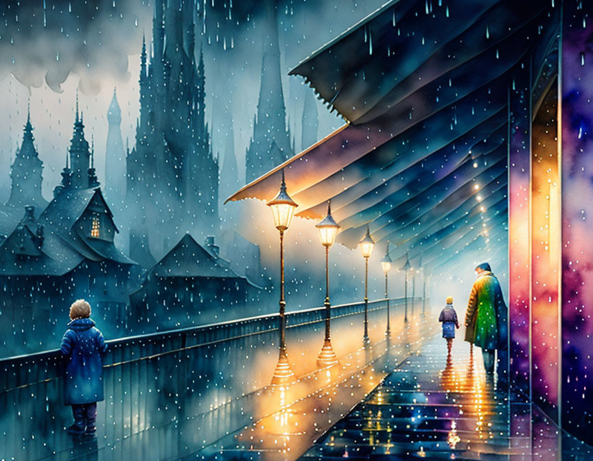 Illustration of two people walking under street lamps on rainy sidewalk